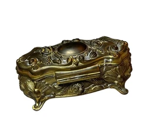 Vintage Jugendstil aufklappbar Metallguss Schmuckschatulle 8" floral gold oval verziert - Bild 1 von 11