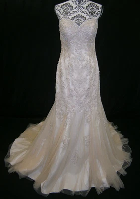 Stella York Wedding Dress 12 Cafe Tulle Satin Ballgown Open Back Beaded Elegant - Image 1 of 4