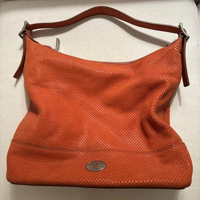 FOSSIL Orange Embossed Suede / Leather Satchel Handbag - Image 1 of 4