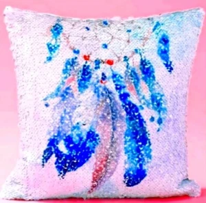 REVERSIBLE SEQUIN DREAMCATCHER FEATHER THROW PILLOW COLORFUL HOME DECOR - Picture 1 of 4