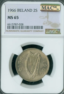 1966 IRELAND 2 SHILLINGS NGC MS65 PQ 2ND FINEST GRADE MAC SPOTLESS * - Image 1 of 2