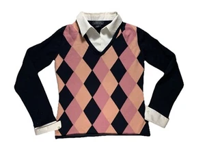 Elementz Collared Sweater Sz S Argyle Knit Stretch - Picture 1 of 3