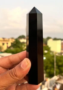 Torre de punta de cristal de turmalina negra tallada a mano de cristal decoración de oficina en el hogar 3 piezas - Imagen 1 de 6