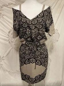 Corey Lynn Calter Anthropologie Sz 6 100% Silk Midi Tan Black Off Shoulder Dress - Picture 1 of 6