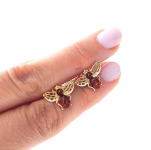 Gold Bee earrings, Amber Honey Bee Earrings, Gold Bee Jewelry, gold stud earring - Picture 1 of 11
