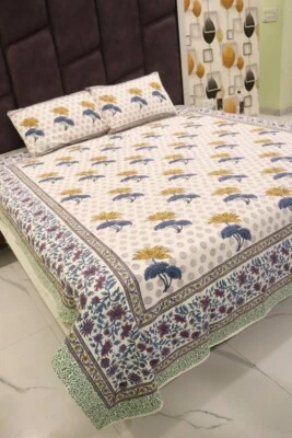 Hand Printed Bedsheet, Block Print Bedsheet With 2 Pillow Covers Flower Print - Image 1 of 4
