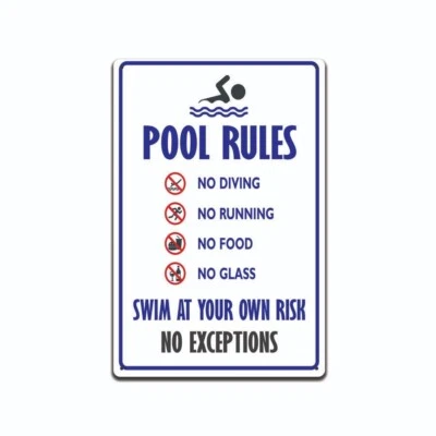 SIGNO DE REGLAS DE PISCINA, SIN BUCEO SIN CORRER, SIN COMIDA SIN VIDRIO,|TS599| Foto 1 de 4