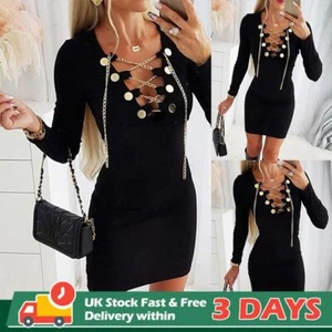 Women Sexy V Neck Chain Lace up Long Sleeve Bodycon Mini Dress Party Clubwear - Picture 1 of 12