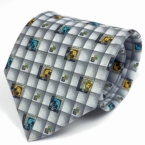GIANNI VERSACE Vintage 90s Tie Baroque Flower Medusa Grey Squares Plaid Necktie - Picture 1 of 12