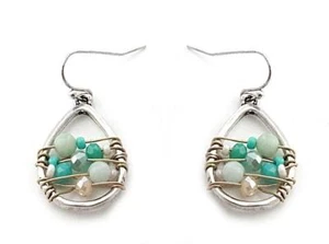 Träne Tropfen Draht Wickel Aqua Perlen brüniert silberfarben baumeln durchbohrter Draht - Bild 1 von 1