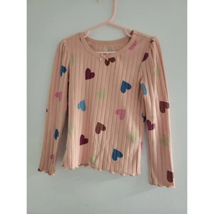 365 Kids Girls Pink Multi Color Heart Ribbed Ruffle Hem Long Sleeve Shirt Size 6 - Picture 1 of 4