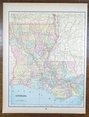 Vintage 1895 LOUISIANA Mapa 14"x11" Antigo Original NOVO ORLEANS BATON ROUGE - Imagem 1 de 4