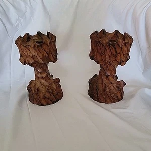 Pair of Vintage Hand Carved Wood Candle Holders Tiki Witco Style - Picture 1 of 8