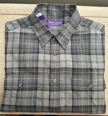Ralph Lauren Purple Label Plaid Twill Shirt L Gray Mix Black Pockets Italy $595 - Image 1 of 4