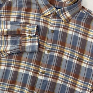camicia johnnie-O Surflannel uomo L Greaves Lake blu marrone a quadri con bottoni - Foto 1 di 7