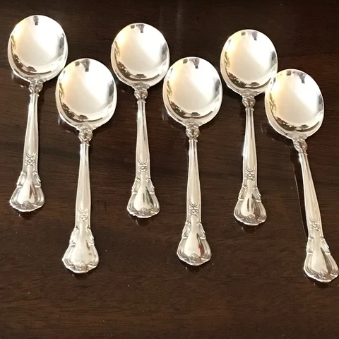 SET of 6 GORHAM CHANTILLY Sterling Silver 6.25" Round Cream Soup Spoons,New Mark Cover