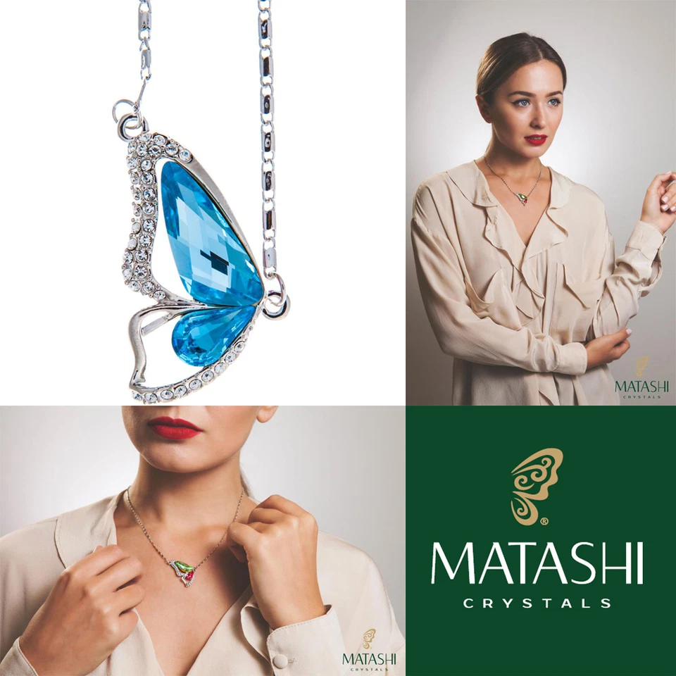 16" Rhodium Plated Necklace w/ Butterfly Wing & Ocean Blue Crystals by Matashi - Image 1 of 4