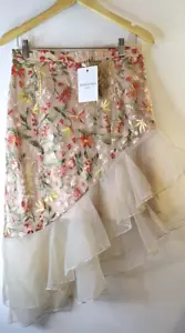 Women's Floral Satin Embroidered Asymmetric Skirt Sz L Knee Length Regency Core - Picture 1 of 11
