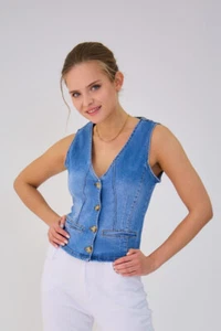Damen lässig blau dehnbar schmale Passform klassische Denim-Weste. UK S-XL - Bild 1 von 4