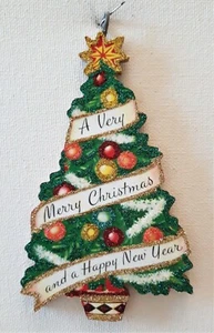 DECORATED TREE, MERRY & HAPPY NEW YEAR * Glitter CHRISTMAS ORNAMENT * Vtg Img - Picture 1 of 1