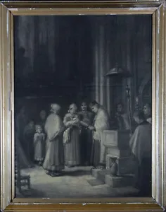 Mid 19th Century Charcoal Drawing - Christening - Picture 1 of 5