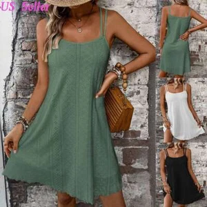 Women Summer Loose Strappy A-line Dress Sleeveless Holiday Beach Mini Sundress - Picture 1 of 20