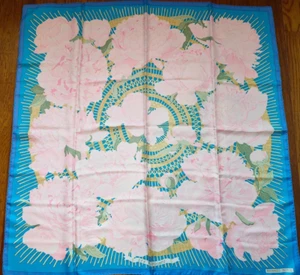 HERMES Scarf Shawl Les Pivoines Carré 90 Peony Floral Pattern 100% Silk 35" - Picture 1 of 13