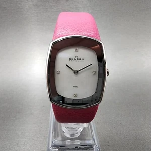 Skagen Tank Watch Women 26mm MOP Dial Silver Tone Leather Band New Battery - Picture 1 of 11