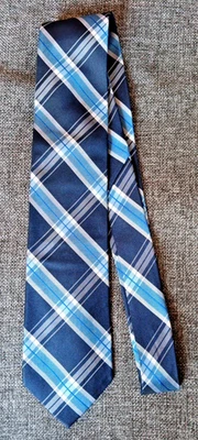 Галстук 70-х 80-х 90-х годов Y2K мужской Merona шелк синий темно-синий белый клетку 3,25 шириной 60 длиной - Изображение 1 из 4