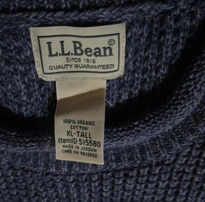 LL Bean-XL Alto-Hombre-100% Algodón-Azul-Cuello Crew-Suéter Pescador-Nuevo Con Etiqueta Foto 1 de 4