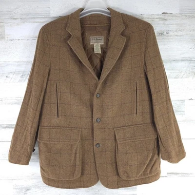 VINTAGE LL BEAN COAT MEN'S SZ LARGE BROWN JACKET PARKA QUILTED CHECK THINSULATE - Image 1 of 4