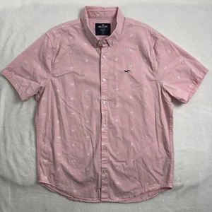 Hollister Epic Flec Stretch Button Down Shirt Pink Palm Trees Men’s Large XL - Picture 1 of 14
