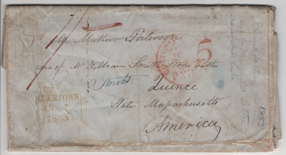 GREAT BRITAIN CREETOWN 1853 BOX CANCEL STAMPLESS COVER & LETTER TO US MASS. - Image 1 of 4