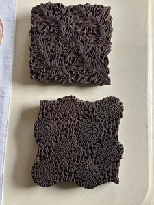 PAIR ANTIQUE INDIAN WOOD  TEXTILE PRINTING BLOCKS STAMPS 6”x6”x1” RUSTIC WALL - Picture 1 of 5