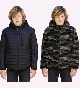 Eddie Bauer Jungen wendbare gefütterte Jacke mit Kapuze schwarz grün Tarnmuster Small 6/7 - Bild 1 von 6