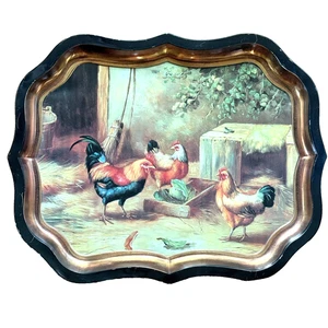 Vintage Toleware Keller Charles Tray Roosters Chickens Farmhouse England Green - Picture 1 of 5