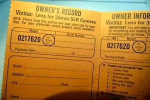 Vivitar Dealer Sales record Owner's Information Card 100-200mm f4.0 vintage - Picture 1 of 5