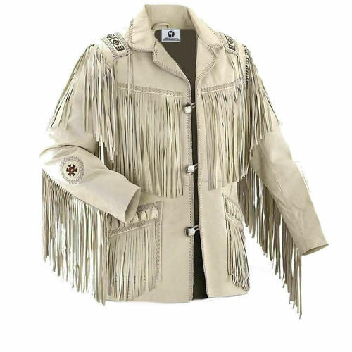 OFF WHITE Men's Native American Suede Western Style Cowboy Leather Jacket Fringed & Beaded