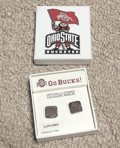Ohio State University Stainless Steel Cufflinks Silver Red NOS Cover