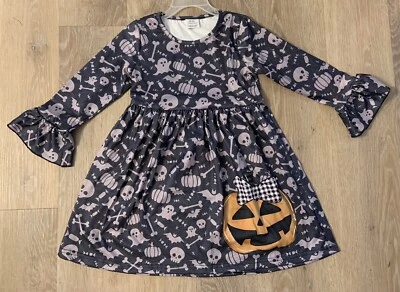Nuevo Vestido Boutique Niñas Talla 4/5 Gris Oscuro Estampado Halloween Con Jack-O-Latern Foto 1 de 4