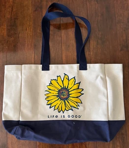 New LIFE IS GOOD 100% Cotton Navy Blue & Off White Sunflower Beach Bag Tote - Picture 1 of 4