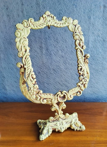 Antique Victorian Cast Iron Tabletop Pedestal Chevel Vanity Mirror / Frame Aged Cover
