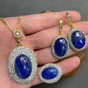 Pendientes de gancho de oro con incrustaciones de cuentas gemas de lazuli lapislázuli ovalados + anillo + colgante conjunto de collar - Imagen 1 de 5