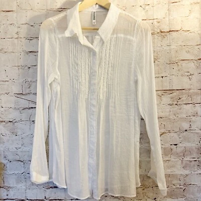Monoreno Womens Embroidered Chiffon Gauze Button Up Blouse Size M Ivory - Image 1 of 4