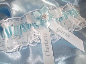 PERSONALISED SOMETHING BLUE BRIDES WEDDING GARTER ~ PRINTED NAMES & DIAMANTE - Picture 1 of 3