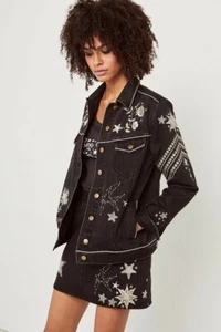 Spell & The Gypsy Celestial Jacket Size XXS Black Heavy Denim Cotton Embroidered - Picture 1 of 11