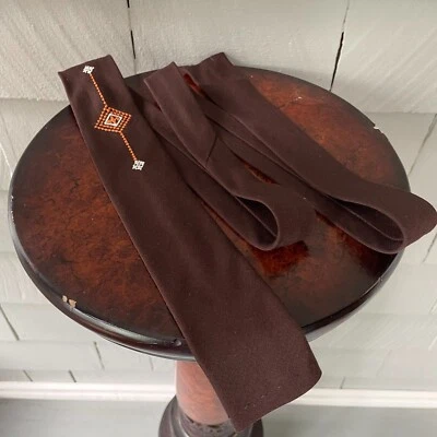 50s 60s Vintage Brown Rayon Mens Swanky Tie w/ Orange & White Embroidery 54x2.25 - Image 1 of 2
