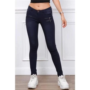 Jeans De Tubo Para Dama Con Cremalleras Y Strass Azul Oscuro #H2290 - Imagen 1 de 24