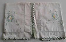 Two vintage white cotton? Oxford pillow cases green floral embroidery scalloped