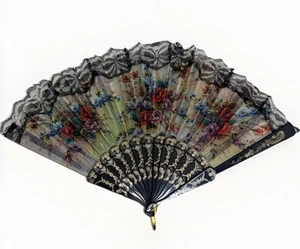 Ventilador de mano asiático floral vintage - plástico y tela, buen estado, 9"x16" - Imagen 1 de 12